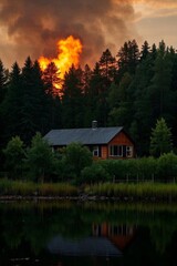 Fototapeta premium arafed house on a lake with a fire in the background