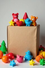 Obraz premium Colorful toys scattered around a donation box, fundraising, philanthropy