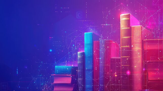 Abstract AI education background with neural networks, digital books, and smart learning symbols. No text, no people.