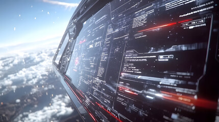 Futuristic digital interface display showing complex data streams against a backdrop of clouds and sky, viewed from an aircraft or spaceship window.