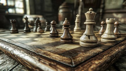 Vintage wooden chessboard with pieces in game setup.
