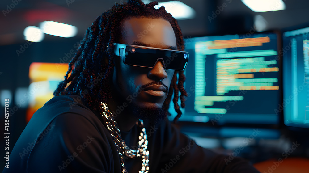 Poster a young black man with dreadlocks and futuristic glasses sits before multiple computer screens displ