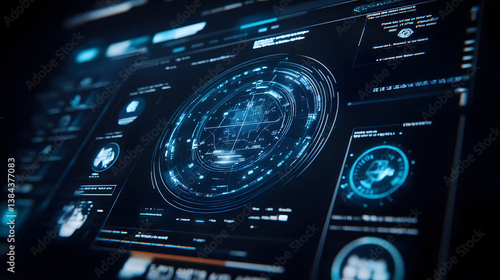 Poster close-up of a futuristic digital interface displaying glowing blue hud elements, data streams, and c