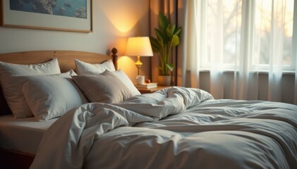 Comfortable bed in a cozy room with soft light, relaxing atmosphere, soft illumination