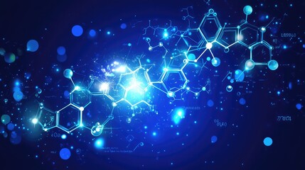 Abstract scientific research background with mathematical formulas, chemistry symbols, and glowing futuristic effects. No text, no people.