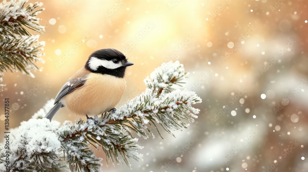 Poster adorable chickadee bird perched on a frosted pine tree branch, soft snowy background and open copy s