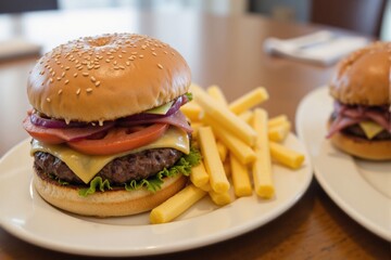 Mouthwatering Cheeseburger with Fresh Vegetables and Crispy French Fries Served in a Cozy Dining Setting, Perfect for Fast Food Lovers