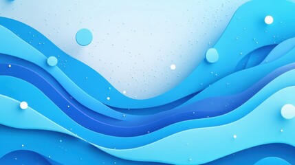 Abstract blue wavy paper cut design with light blue background, white dots, and circles.
