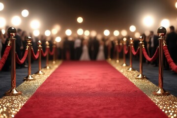 A festive red carpet on stage with a spotlight illuminates a golden star