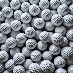 A close-up view of numerous white golf balls clustered together, filling the frame. The dimpled texture of each ball is clearly visible, creating a pattern across the image.
