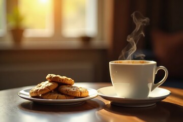 Cozy coffee table setup with steaming cup and plate of cookies in warm light , cup, warm