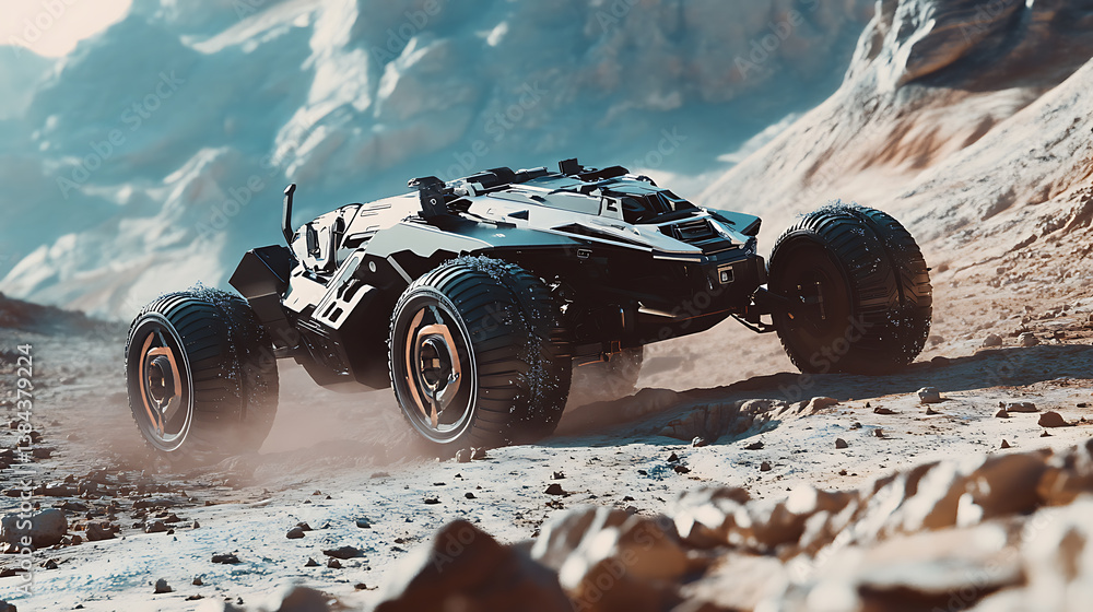 Poster a futuristic ai powered space rover analyzing the surface of distant planets for resource exploratio