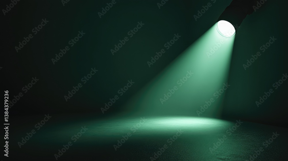 Poster a green spotlight with circular glow on a smooth surface, emphasizing the texture with shadows radia
