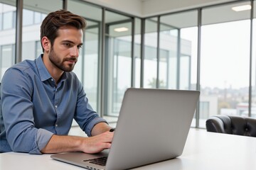 Fototapeta premium Young Adult Male Working on Laptop in Modern Office Setting with Large Windows and Cityscape Background