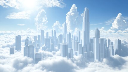Naklejka premium Majestic City Skyline Emerging from Puffy Clouds Under Bright Blue Sky