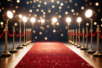 entrance, golden poles and red carpet on stage with bokeh spotlight