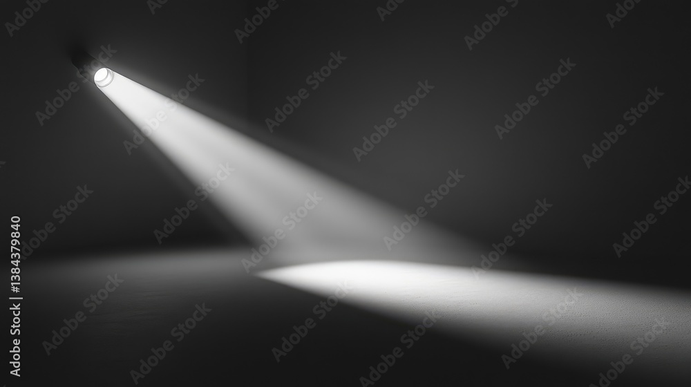 Poster a spotlight with deep contrast, creating a defined shape of light on a flat surface with a darkened 