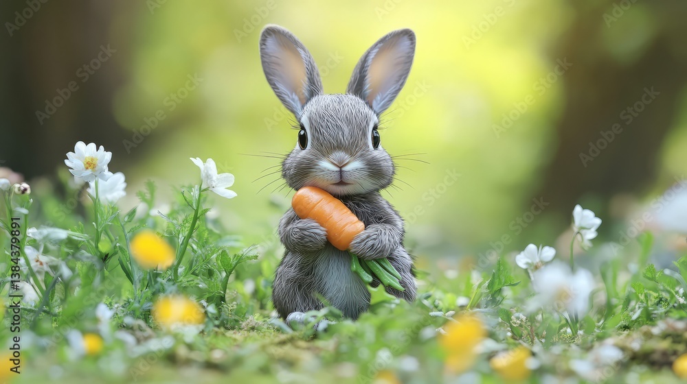Poster a tiny bunny holding a carrot, placed off-center with a soft-focus background creating natural copy 