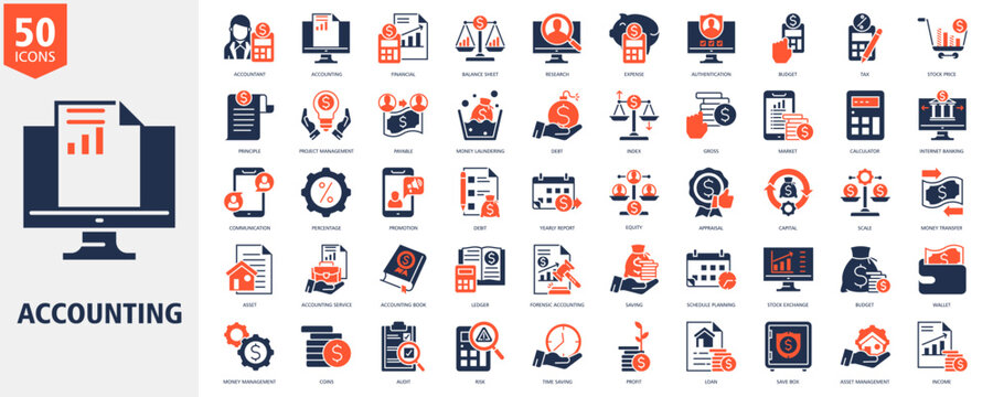 Accounting Icon Set duo tone Style with accountant, accounting, financial, balance sheet, research, expense, authentication, budget, tax and stock price
