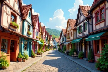 Fototapeta premium Cozy street lined with colorful half-timbered houses and quaint shops, shopfronts, swiss architecture