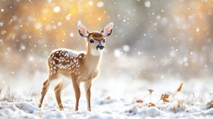 Baby deer standing in a snowy meadow, gentle snowfall and soft blurred background with elegant copy space.