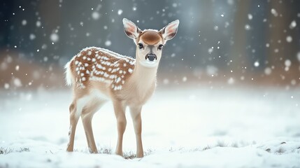 Baby deer standing in a snowy meadow, gentle snowfall and soft blurred background with elegant copy space.