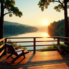 Naklejka premium Cozy wooden deck with railing overlooking a serene lake at sunrise, wooden railing, lake view