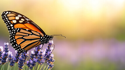 vibrant orange butterfly rests on lavender flowers, showcasing nature beauty