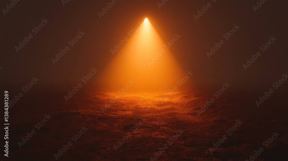 Poster dim orange spotlight cutting through fog, with warm light diffusing and creating a moody effect acro