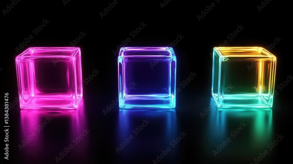 Poster floating neon cubes emitting a soft glow, creating a modern, high-tech abstract background with spac