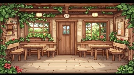 Obraz premium Rustic Wooden House Porch with Greenery and Tables