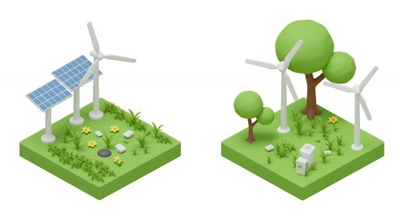 Renewable Energy Sources and Environmental Impact: A 3D Isometric Illustration of Clean Energy Transition and Sustainable Practices