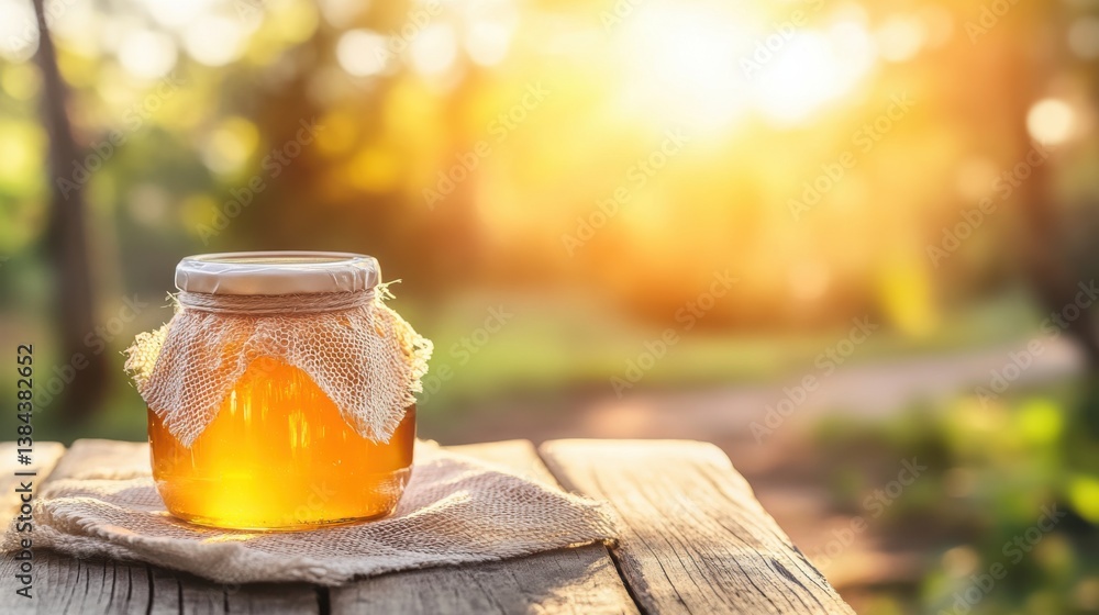 Poster jar of pure honey on rustic table with soft sunlight and natural background in warm colors