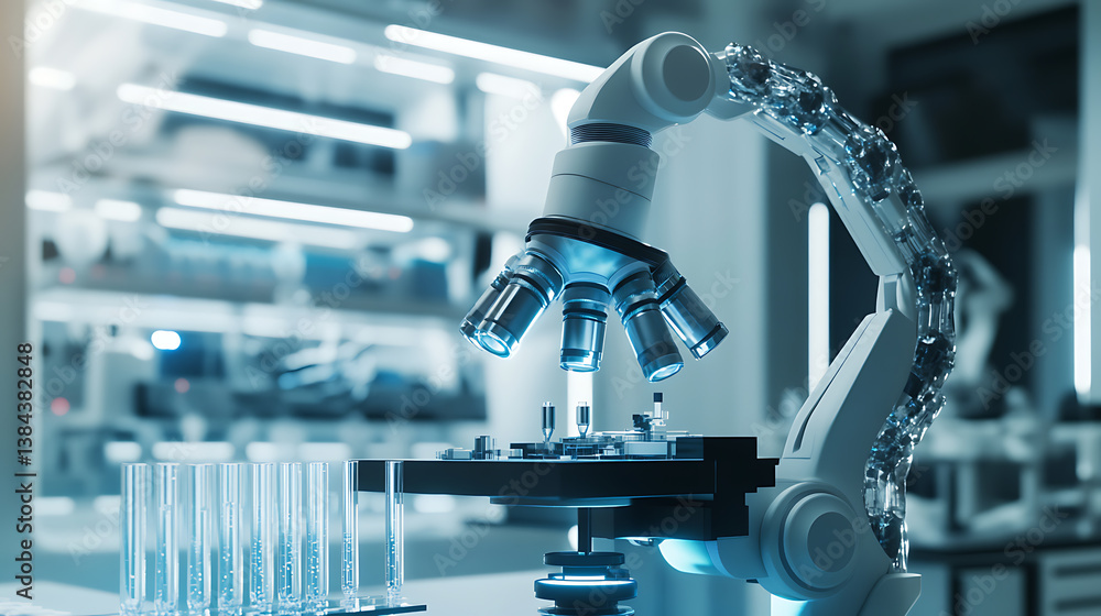 Poster a futuristic bioengineering lab with ai driven robotic arms performing crispr gene editing under a s