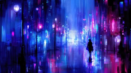 A person walks through a neon lit city street