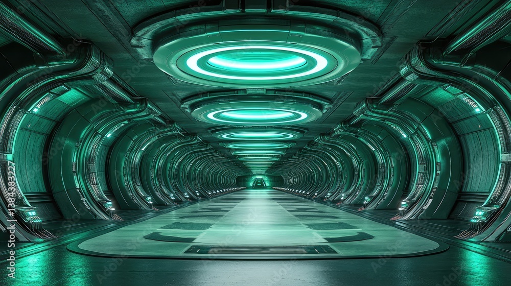 Aufkleber neon circles fading into the distance, creating a tunnel effect with a futuristic digital aesthetic 
