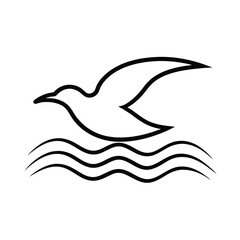 Flying Bird Silhouette Over Waves  line art 