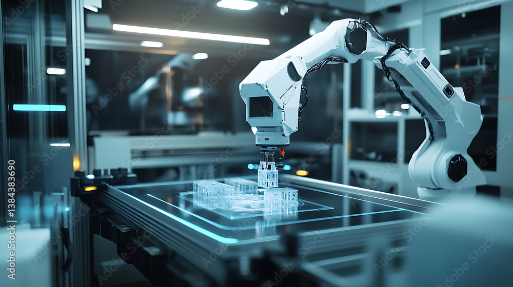 Poster a high tech ai controlled 3d printing lab with robotic arms assembling complex materials for space e