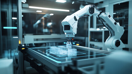 A high tech AI controlled 3D printing lab with robotic arms assembling complex materials for space exploration, Space technology style, photo of