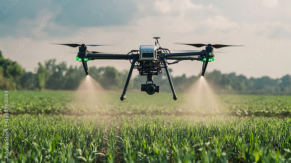 Poster a high tech ai controlled agricultural drone monitoring crop irrigation systems for water usage opti