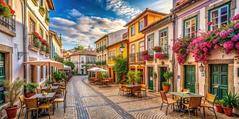Naklejka premium Vintage Portuguese Town Charm: Quaint Streets, Historic Architecture, and Colorful Facades in a Picturesque Coastal Setting