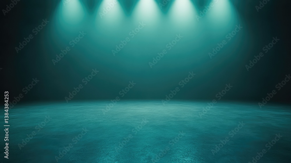 Poster soft green spotlight illuminating a large empty space, creating an ethereal atmosphere with dark cor