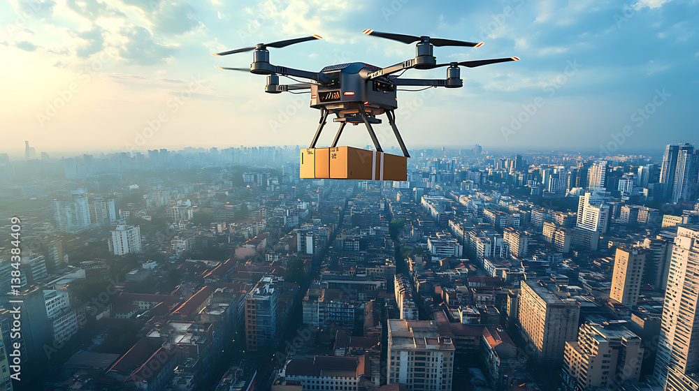 Poster a high tech ai controlled autonomous cargo drone transporting goods across cities, optimizing flight