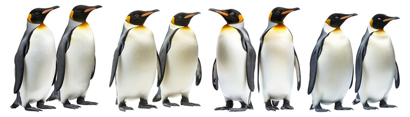 Group of King Penguins Standing in a Row on a White Background