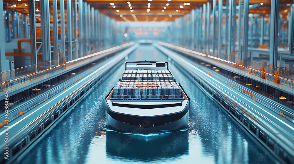 Poster a high tech ai controlled autonomous cargo ship navigating through a futuristic smart port with auto