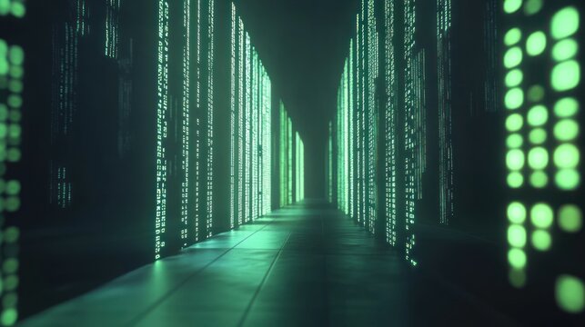 Futuristic server room hallway with glowing green code.