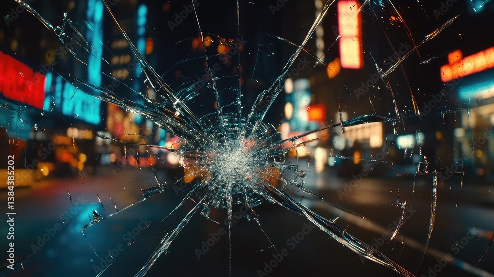 Poster transparent glass panel with impact cracks, creating a futuristic broken effect with reflections and