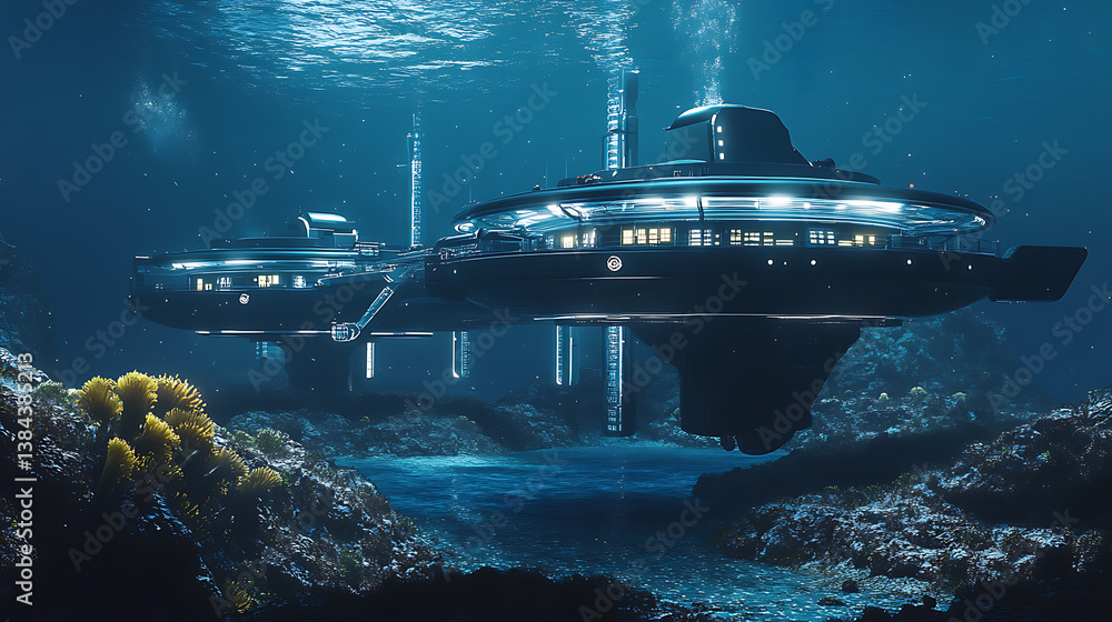 Poster a high tech ai controlled autonomous underwater research lab conducting experiments on marine ecosys