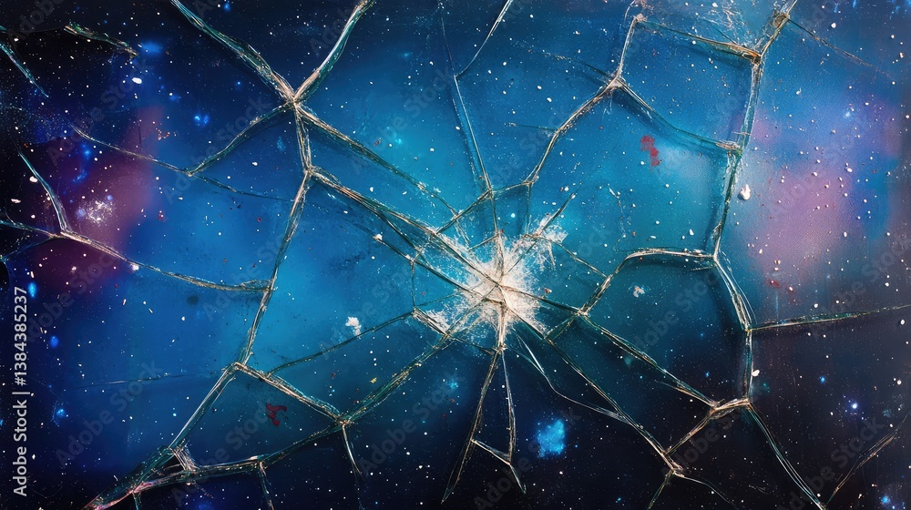 Poster transparent cracked glass sheet with subtle reflections, creating an abstract effect with an empty a