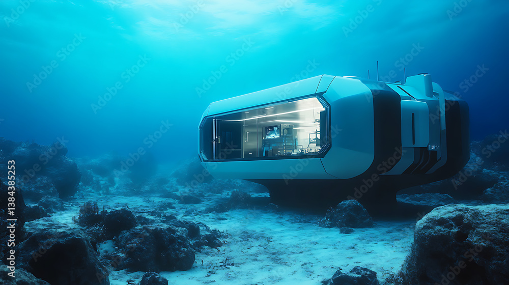 Poster a high tech ai controlled autonomous underwater research lab conducting experiments on marine ecosys